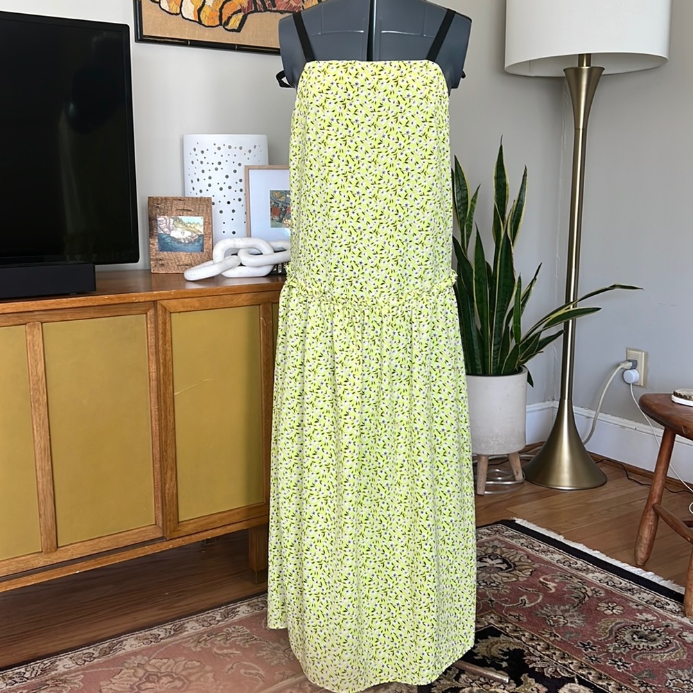 TopShop Neon Green Floral Drop Waist Midi Dress Size